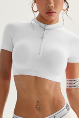 Women's Half-Zip Stand Collar Cropped Short-Sleeved Top