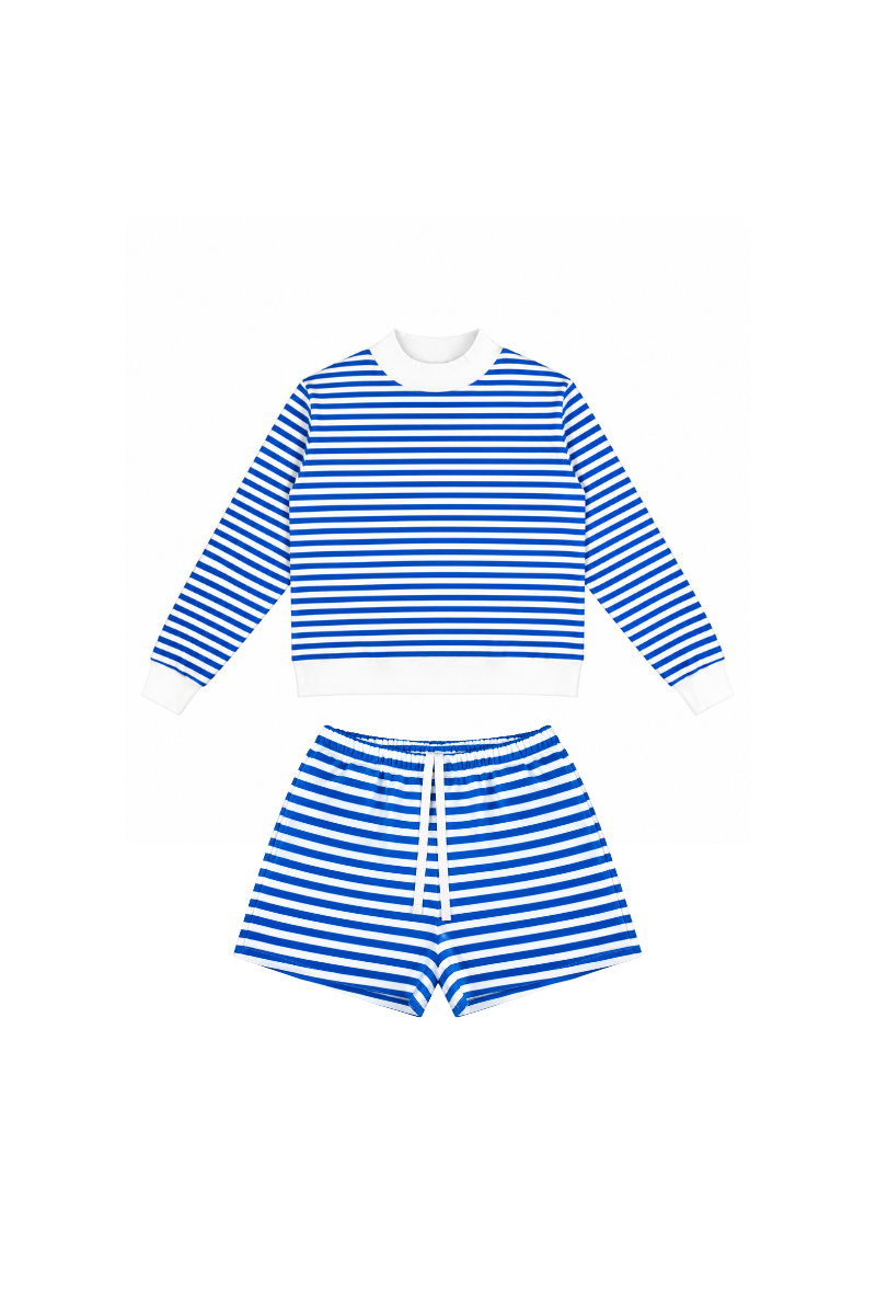 Women's Fleece Loungewear Sets:Stripe Sweatshirt & Shorts