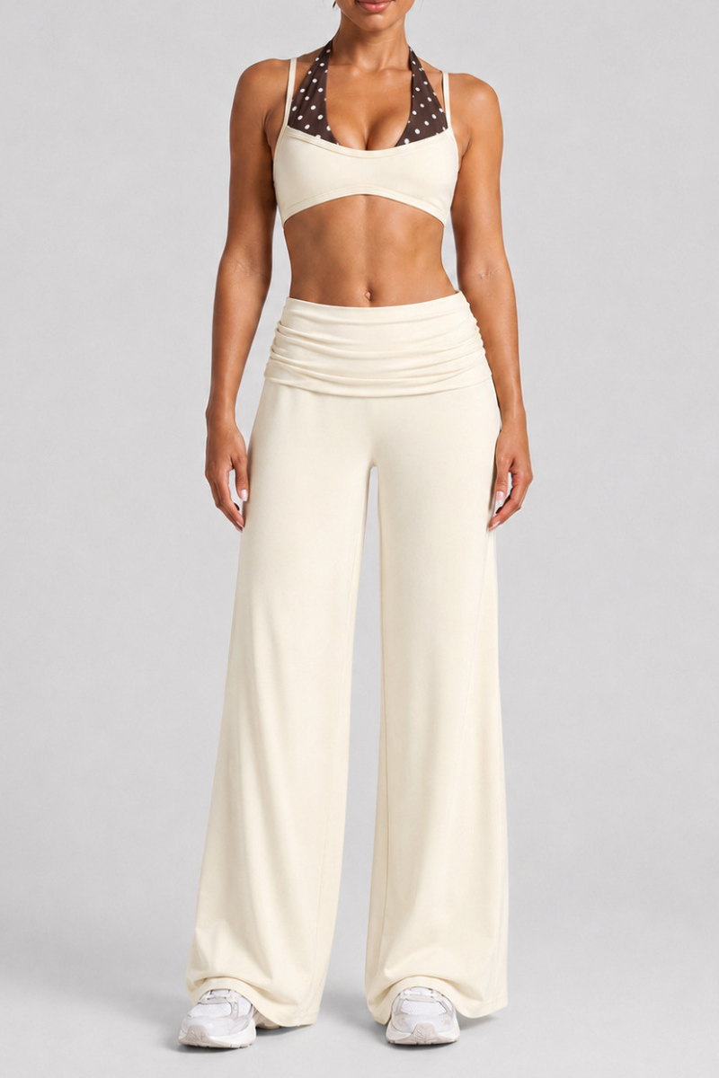 Women's Two-Piece Look Bra And Ruched Waist Wide-Leg Pants Yoga Set
