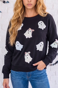 Women's Halloween Ghost Sequin Crew Neck Sweatshirt