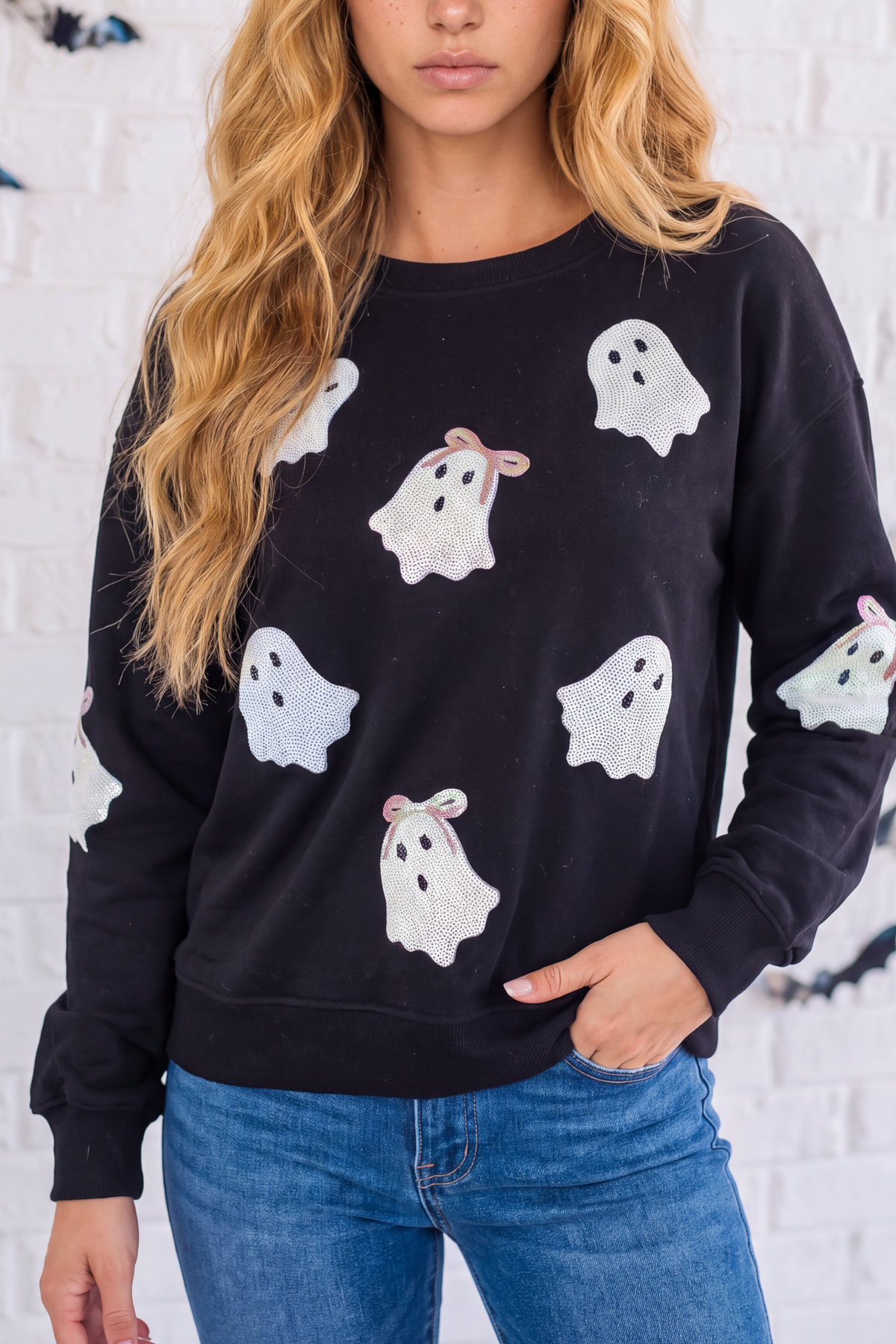 Women's Halloween Ghost Sequin Crew Neck Sweatshirt