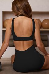 Women's Solid Halter Neck Bra & V-Waist Shorts Yoga Set