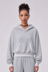 Women's Fall 100% Cotton Contrast-Stitch Boxy Cropped Hoodie