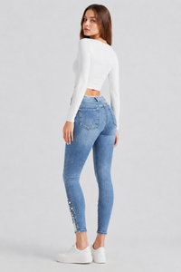 Women's High Waist Pearl Embellished Stretch Skinny Jeans