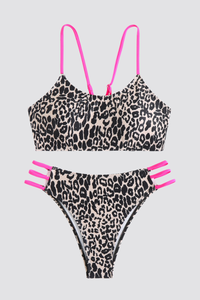 Women's Leopard Y-Back Metal Ring Bikini Set - 2pcs