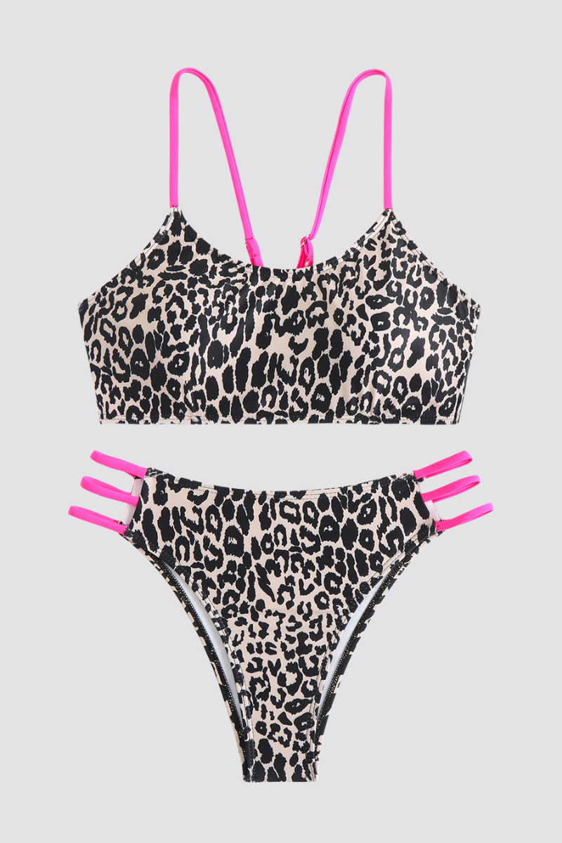 Women's Leopard Y-Back Metal Ring Bikini Set - 2pcs
