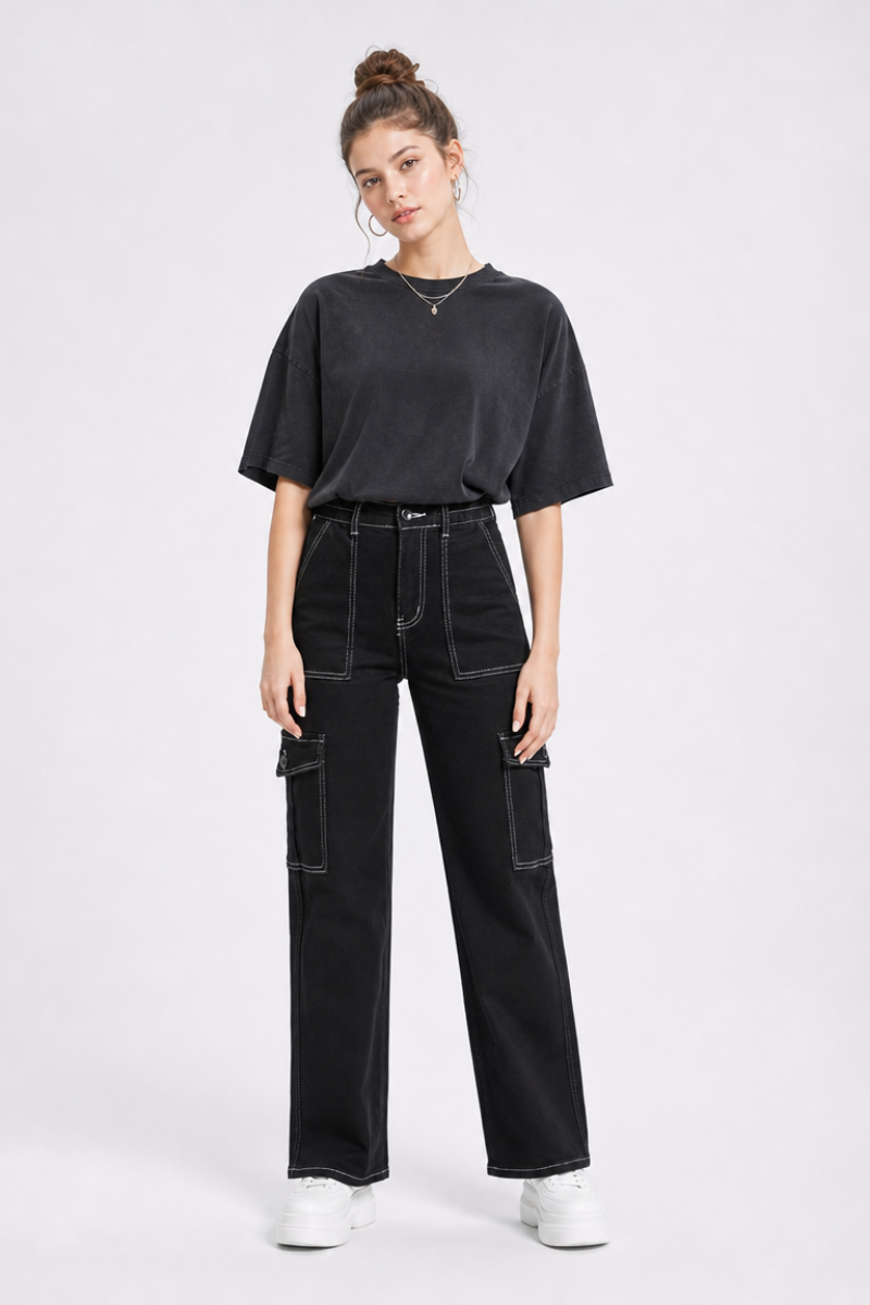 Women's High Waist Multi-Pocket Wide Leg Cargo Jeans