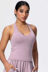 Women’s Brushed-Fabric V-Neck Halter Spaghetti-Strap Open-Back Sports Tank