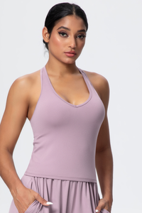 Women’s Brushed-Fabric V-Neck Halter Spaghetti-Strap Open-Back Sports Tank