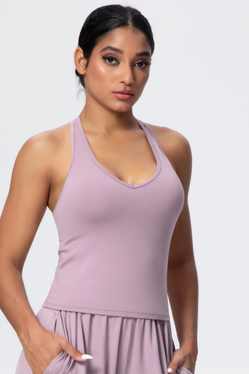 Women’s Brushed-Fabric V-Neck Halter Spaghetti-Strap Open-Back Sports Tank