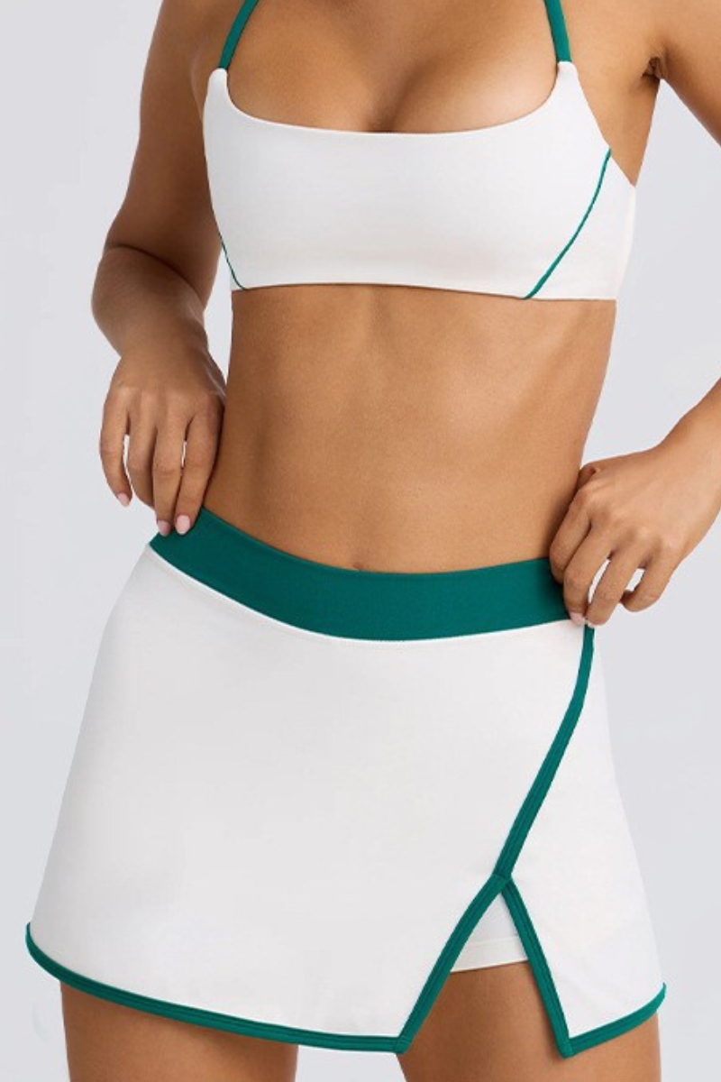 Halter T-Back Sports Bra&High-Waist Split Skort 2-Piece Set