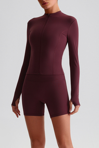 Women's Bare Feel Finger Cuffs Slim Yoga Jacket & Shorts Set