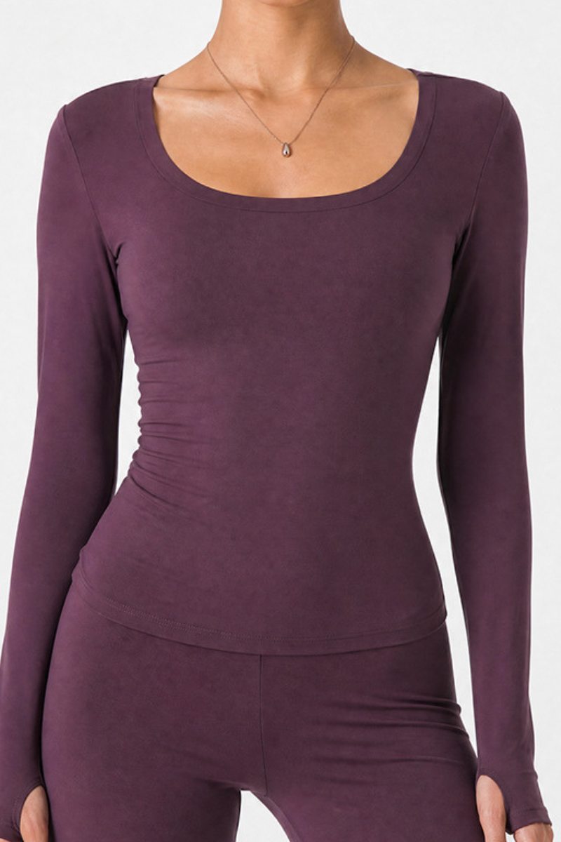 Women’s Wide Scoop Neck Form-Fitting Long Sleeve Pilates Top
