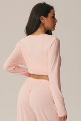 Women's V Neck Lace Trim Wrap Tie Cropped Long Sleeve Pilates Top