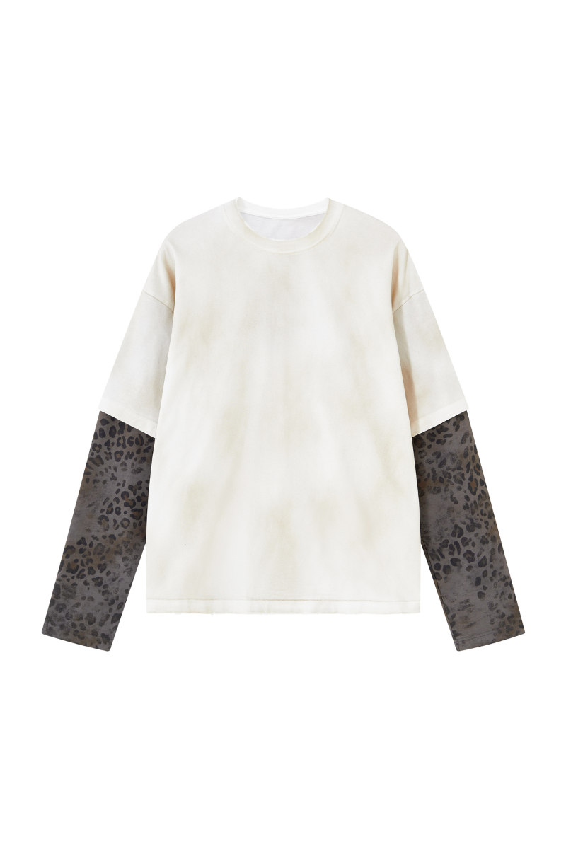 Men's Fall 100% Cotton Leopard Print Splicing Fake Two-Piece Long Sleeve Tee