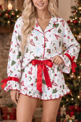 Women Christmas Long Sleeved Lapel Bow  Pajama Set
