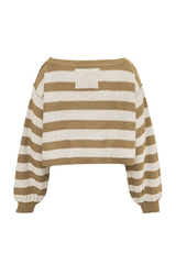 Women's Winter Boat Neck Boho Striped Cropped Knit Sweater