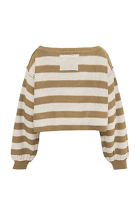 Women's Winter Boat Neck Boho Striped Cropped Knit Sweater