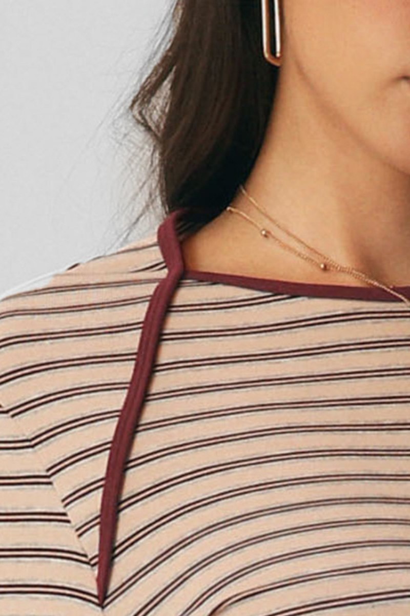 Women Striped Crew Neck Contrast Long Sleeve Cropped Top