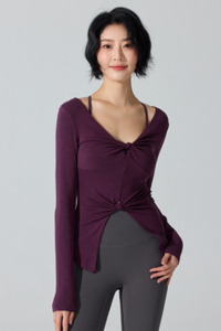 Women's Ribbed Double Twist Split V Neck Pilates Slim Fit Top