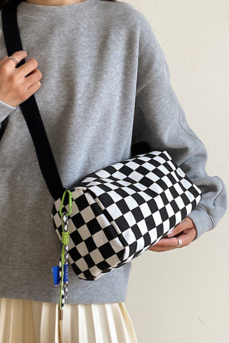 Unisex Checkered Canvas Cylinder Crossbody Bag