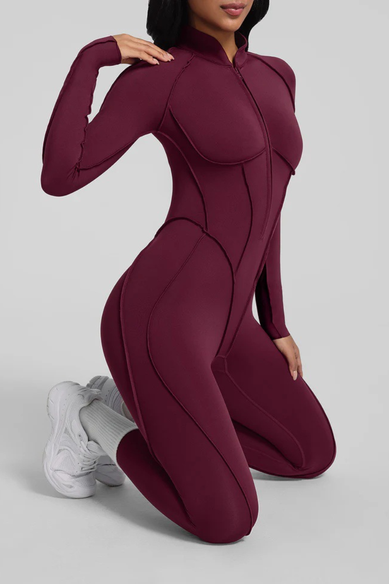 Women's Stand Collar Seam Detail Yoga Long Sleeve Jumpsuit