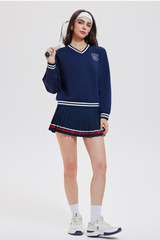 Women's Tennis Embroidered V-Neck Color-Block Pullover Sweatshirt