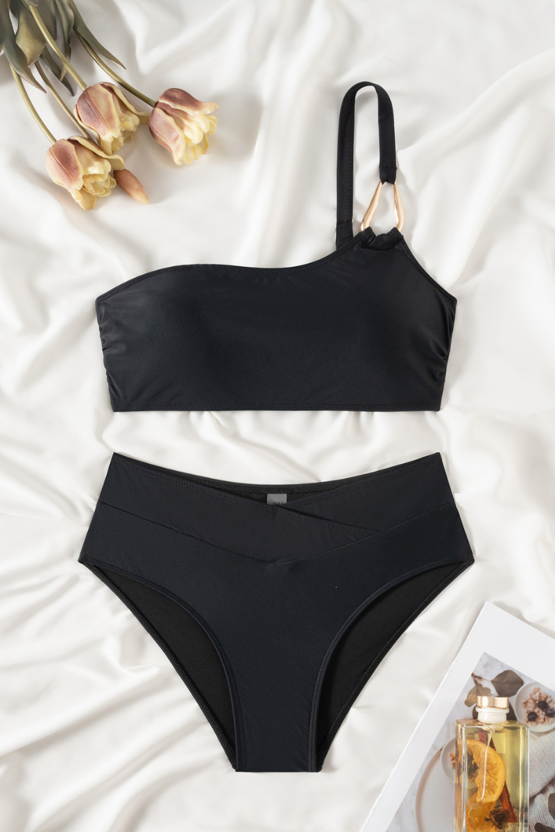 Women's One Shoulder Crossover Waist Metal Ring Bikini Sets