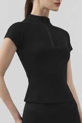Women's Half Zip Stand Collar Slim Fit Short Sleeve Top