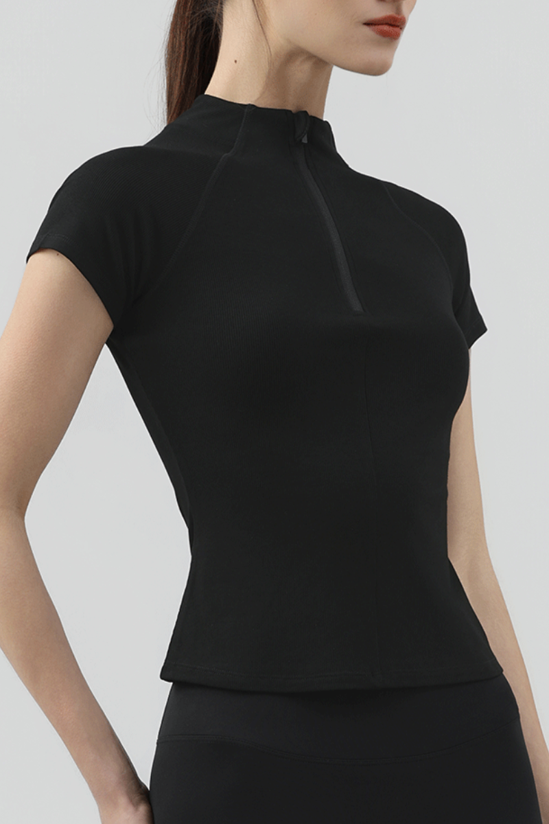 Women's Half Zip Stand Collar Slim Fit Short Sleeve Top