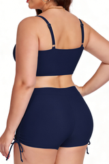 Plus Size Women's Pleated Drawstring Solid Bikini