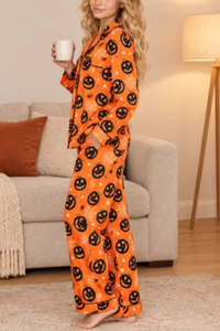 Women's Fall Halloween Pumpkin Spider Web Print Pajama Set