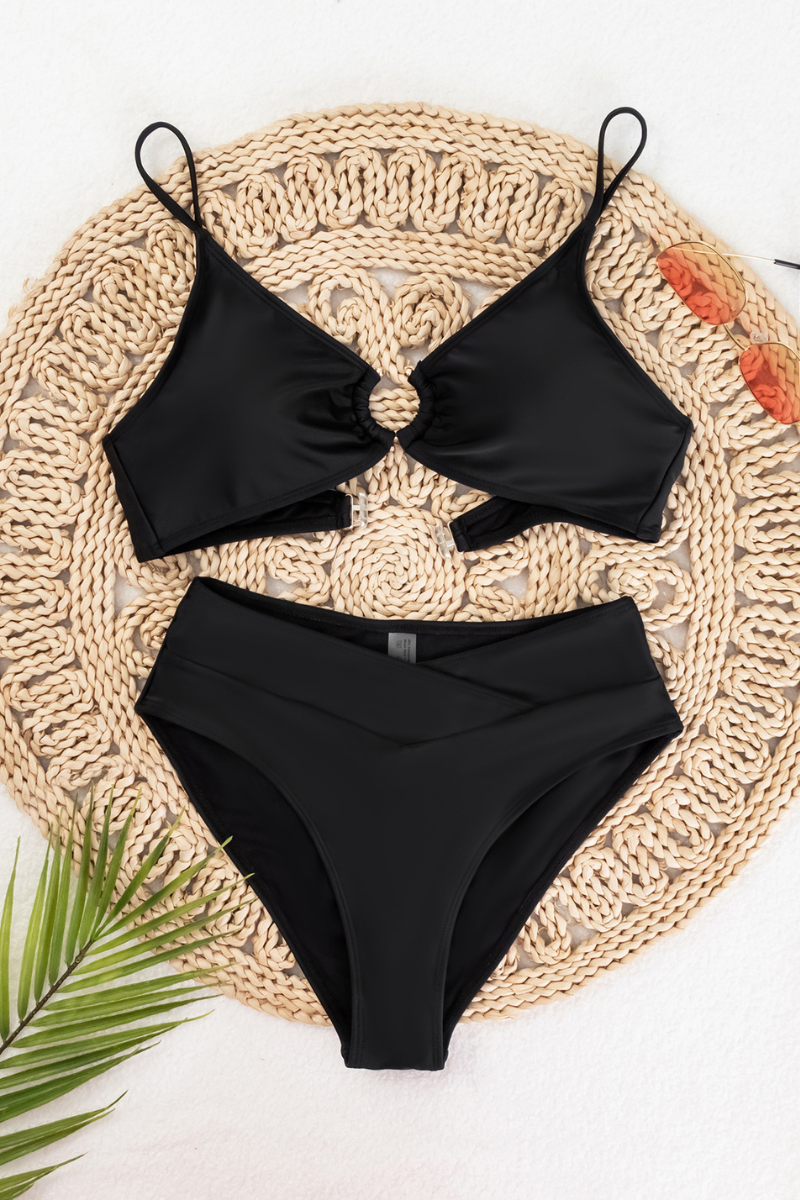 Women's Sexy Metal Buckle Triangle Cup Solid Bikini