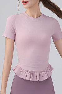 Women's Crew Neck Ruffle Hem Sports Short Sleeve Top