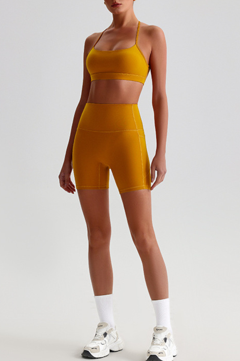 Women's Bare Feel Cross Back Bra & Side Pocket Shorts Set