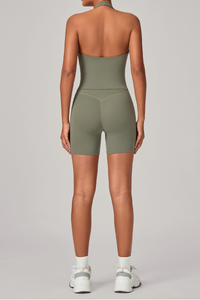 Women's Athletic Set:Halterneck Pleated V-neck Bra & Shorts