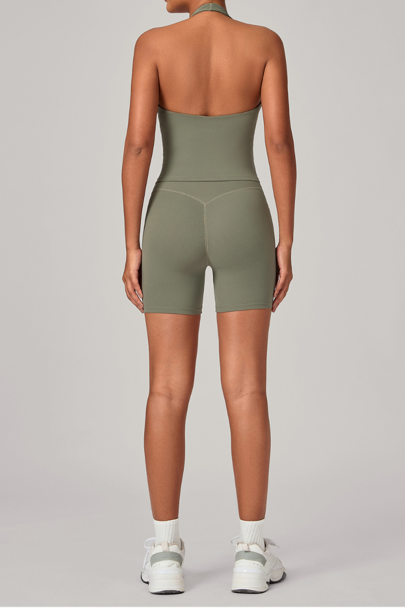 Women's Athletic Set:Halterneck Pleated V-neck Bra & Shorts