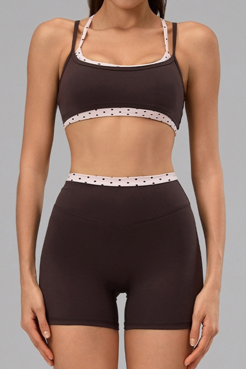 Women's Polka Dot Contrast Bra and Athletic Shorts Yoga Set