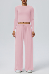 Women's Crew Neck Cropped Top and Casual Pants 2 Piece Set