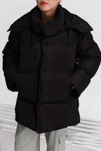 Women's stand-up collar bread-style hooded cotton jacket.