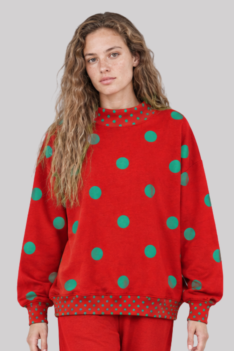 Women's Fall Color Block Polka Dot Mockneck Sweatshirt