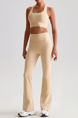 Women's Brushed Cross Back Bra & Flared Pants Yoga Set