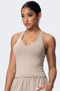 Women’s Brushed-Fabric V-Neck Halter Spaghetti-Strap Open-Back Sports Tank