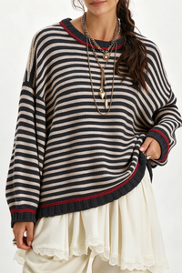 Women’s Winter Boho Striped Contrast Trim Knit Sweater