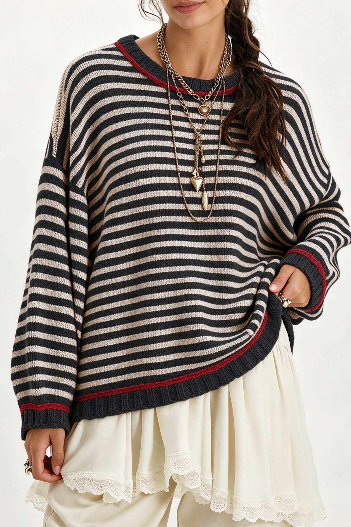 Women’s Winter Boho Striped Contrast Trim Knit Sweater