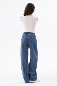 Women's Fall Drawstring Waist Side Pocket Wide Leg Jeans