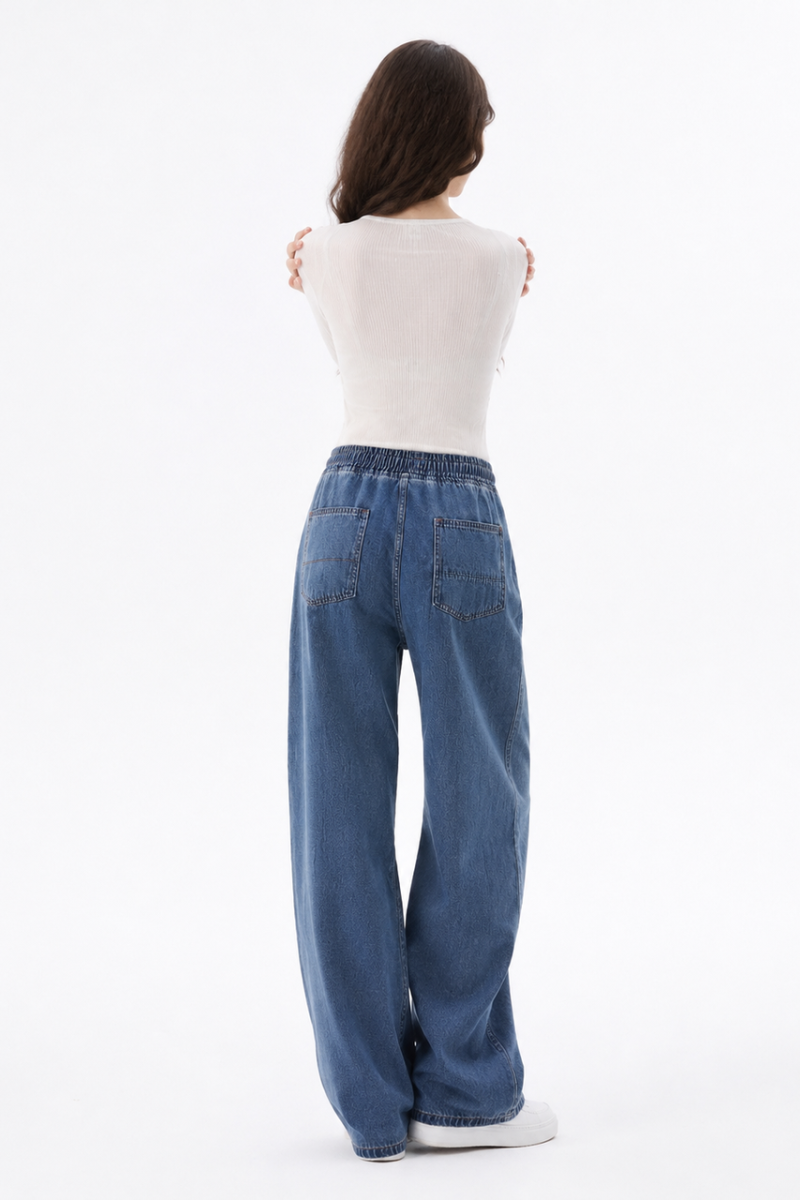 Women's Fall Drawstring Waist Side Pocket Wide Leg Jeans