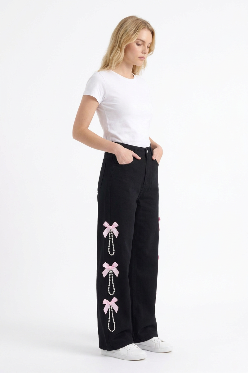 Women's High Waist Bow & Pearl Chain Detail Jeans