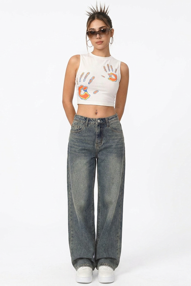 Women's Vintage Washed Mid Waist Loose Wide Leg Jeans