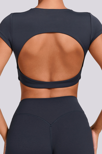 Women's Athletic Cut Out Back Cropped Solid T-shirt